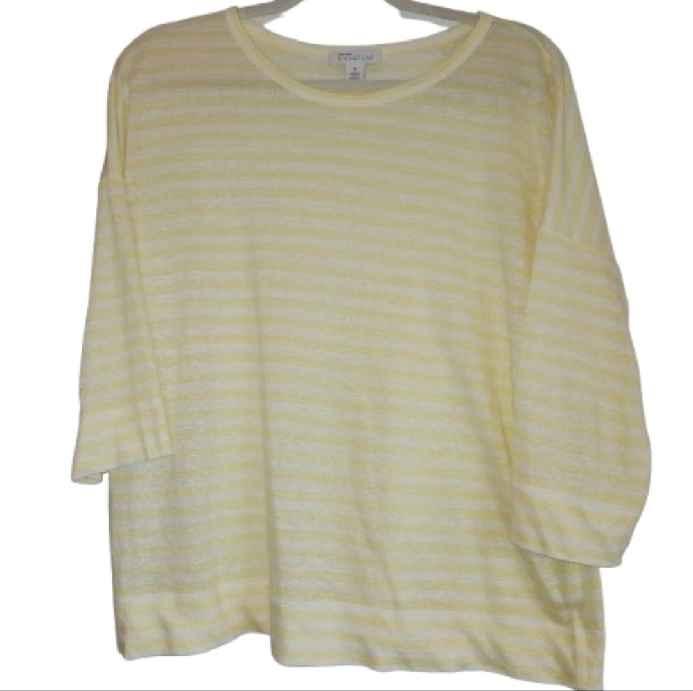Nordstrom Signature 100% Linen Yellow/White Striped 3/4 Sleeve Top Size M Light